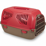 Red and brown pet carrier on a white background