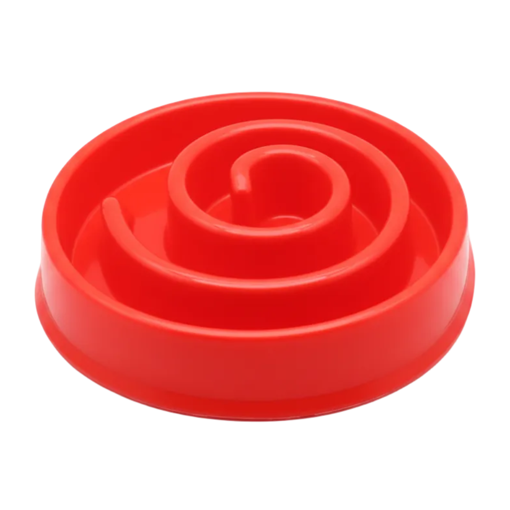 Red spiral slow feeder bowl white background