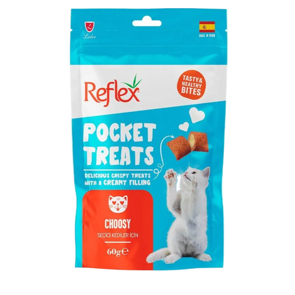Package of Reflex Pocket Treats for cats on a white background