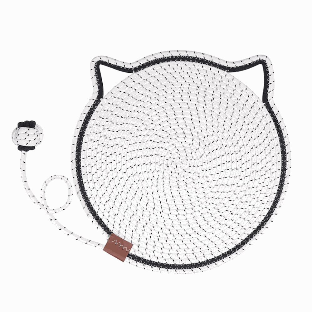 Cat-shaped net toy with a rope and ball on a white background
