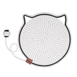 Cat-shaped net toy with a rope and ball on a white background