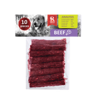 Pack of beef dog treats with visible brand logo and nutritional information on a white background