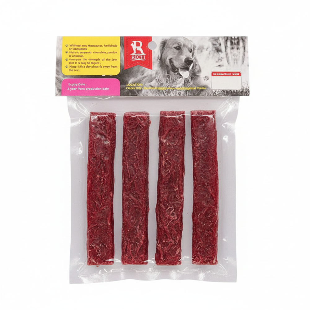 Pack of dog treats with visible brand logo on a white background