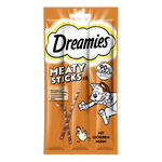 Packaging of Dreamies Meaty Sticks cat treats with a cartoon cat on an orange background.