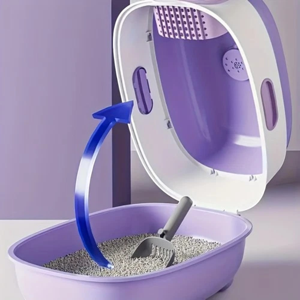 Purple pet litter box with scoop and open lid on a light purple background