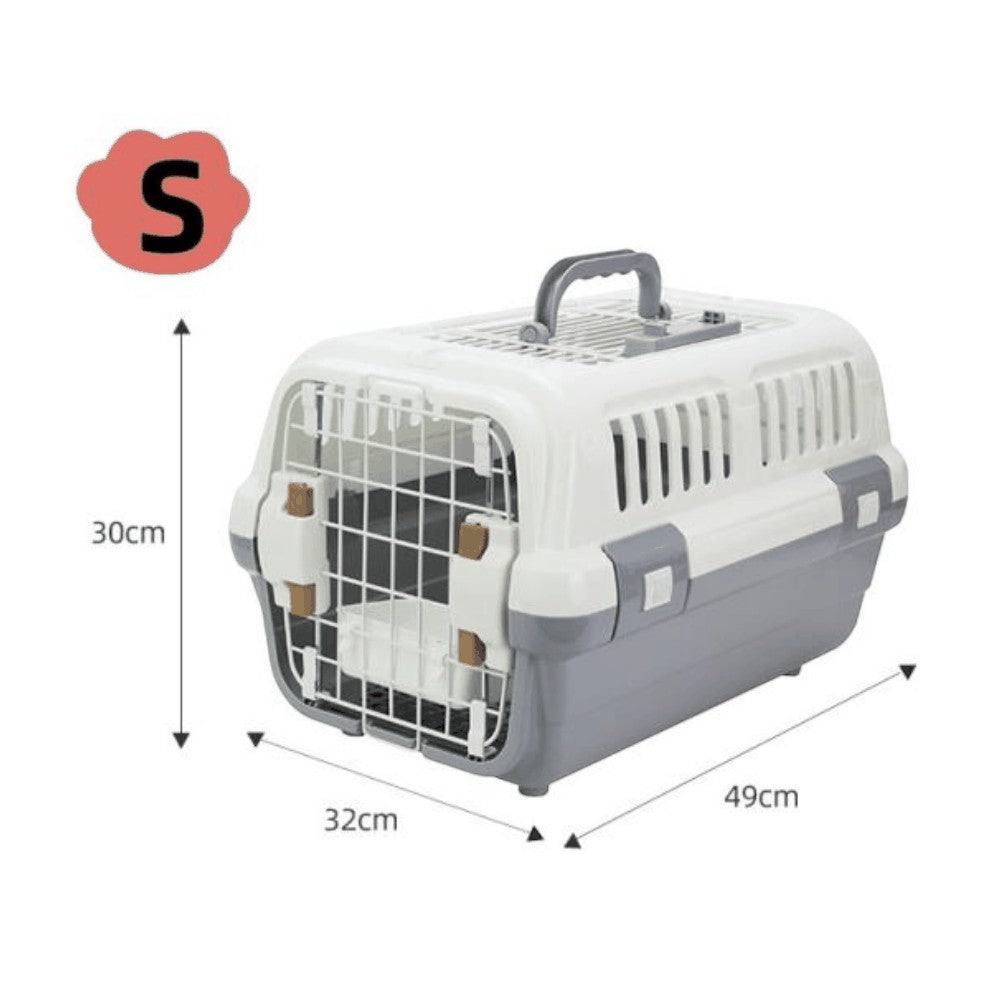 Pet carrier with dimensions and color options on a white background