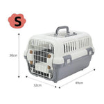 Pet carrier with dimensions and color options on a white background