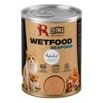 A 400g can of Rich Excellence Wetfood Seafood cat food, featuring a brown kraft paper label with images of cats and seafood, on a light gray background.