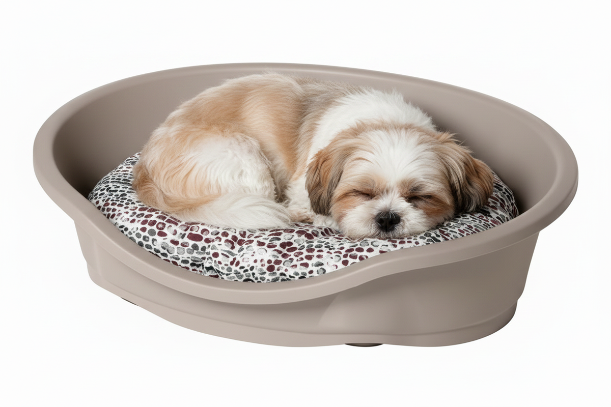 Shih Tzu Sleeping in Snake Print Bed