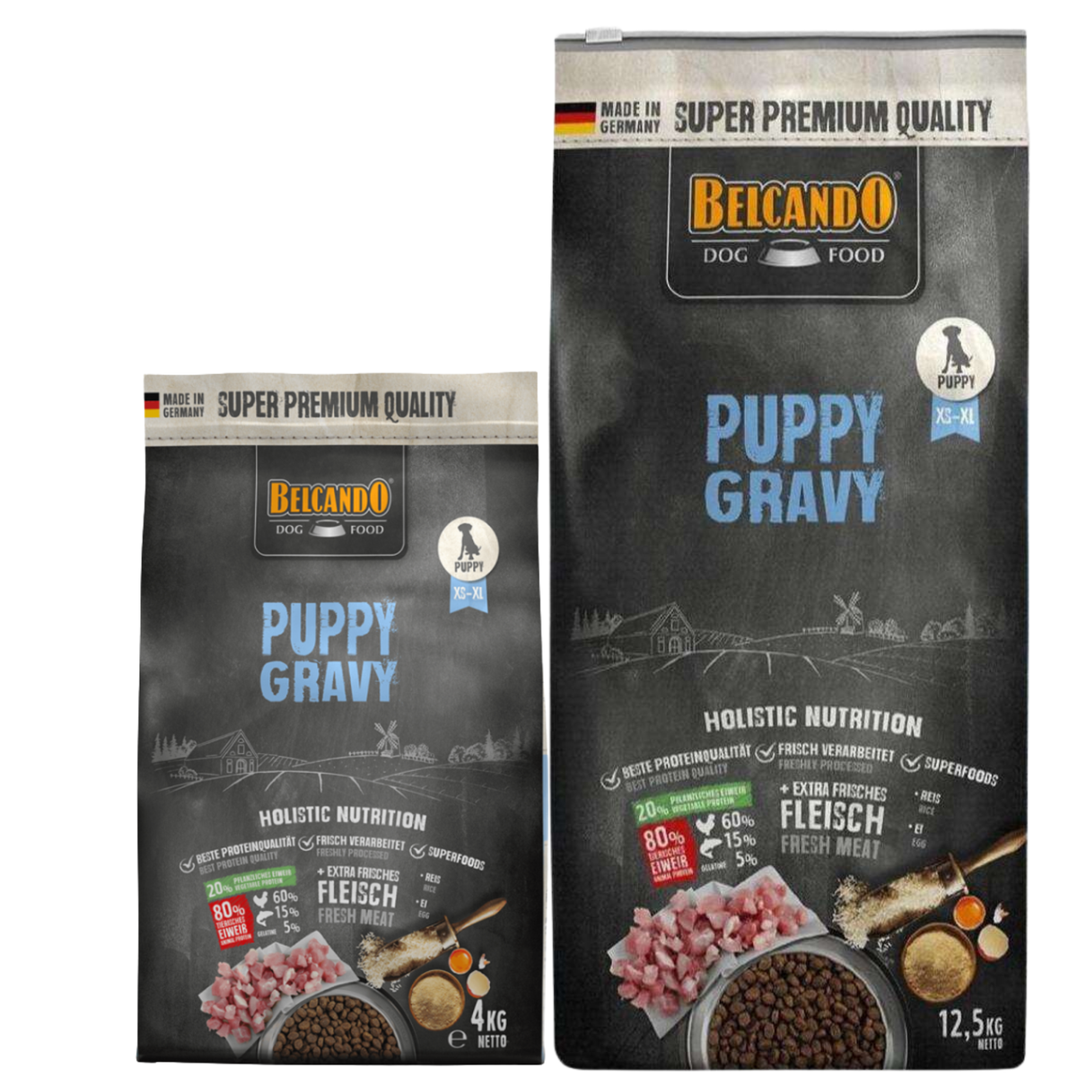 Two packages of Belcando Puppy Gravy dog food on a white background