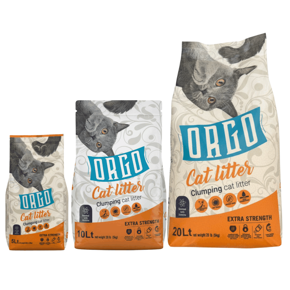 Three bags of DAPD cat litter with different sizes on a white background