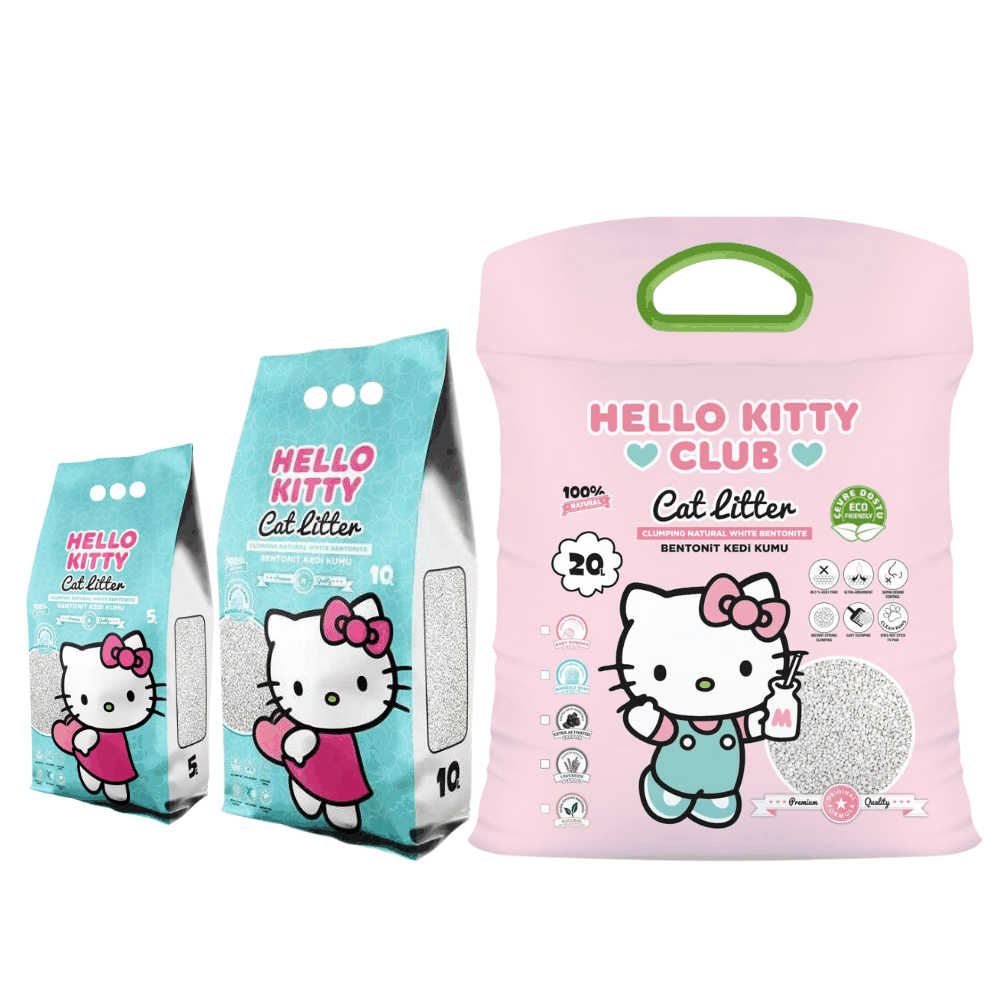Two packages of Hello Kitty cat litter on a white background
