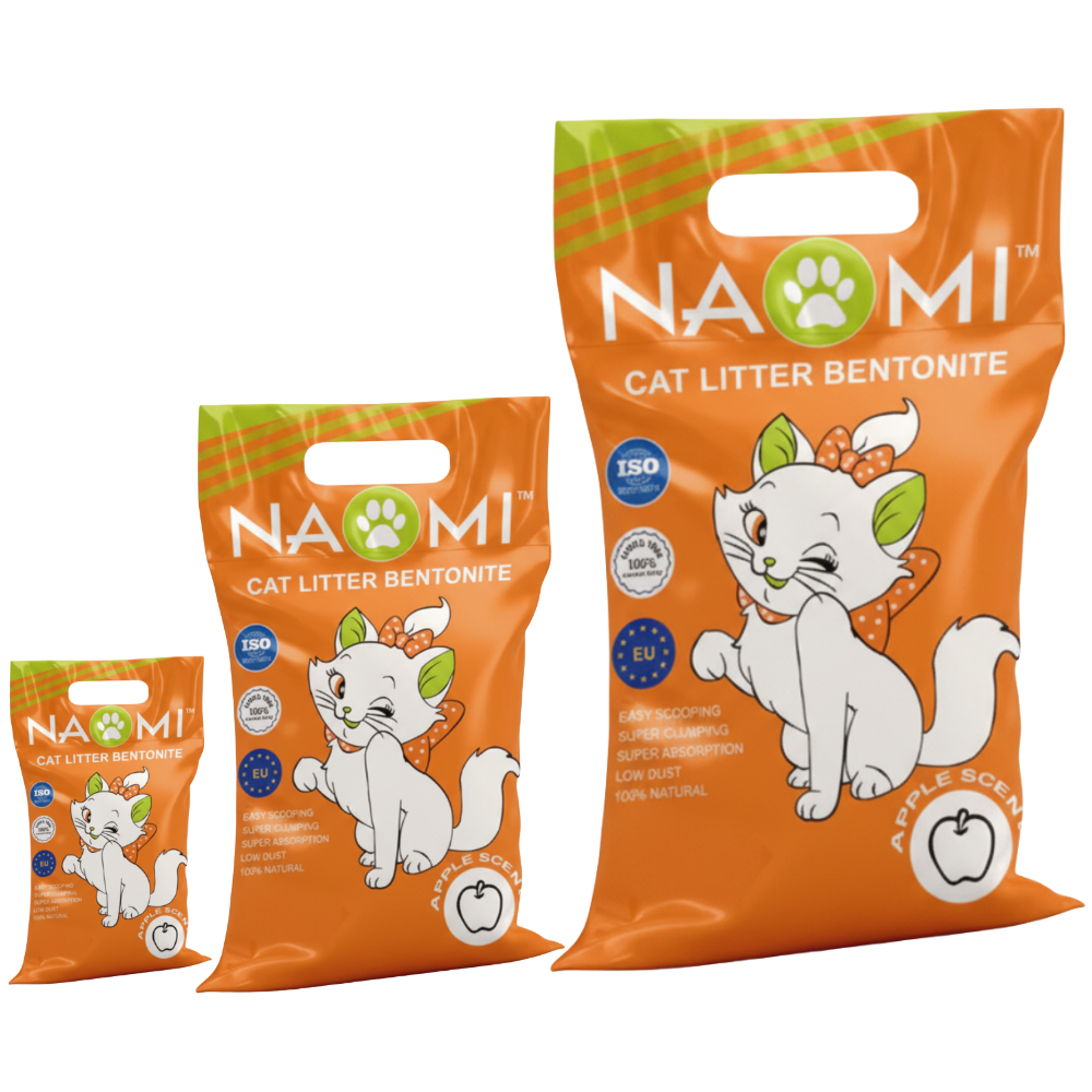 Three packages of Naomi cat litter with a cartoon cat on the packaging.