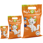 Three packages of Naomi cat litter with a cartoon cat on the packaging.