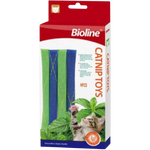 Bioline catnip toys packaging with green and blue catnip sticks and a kitten on a white background.