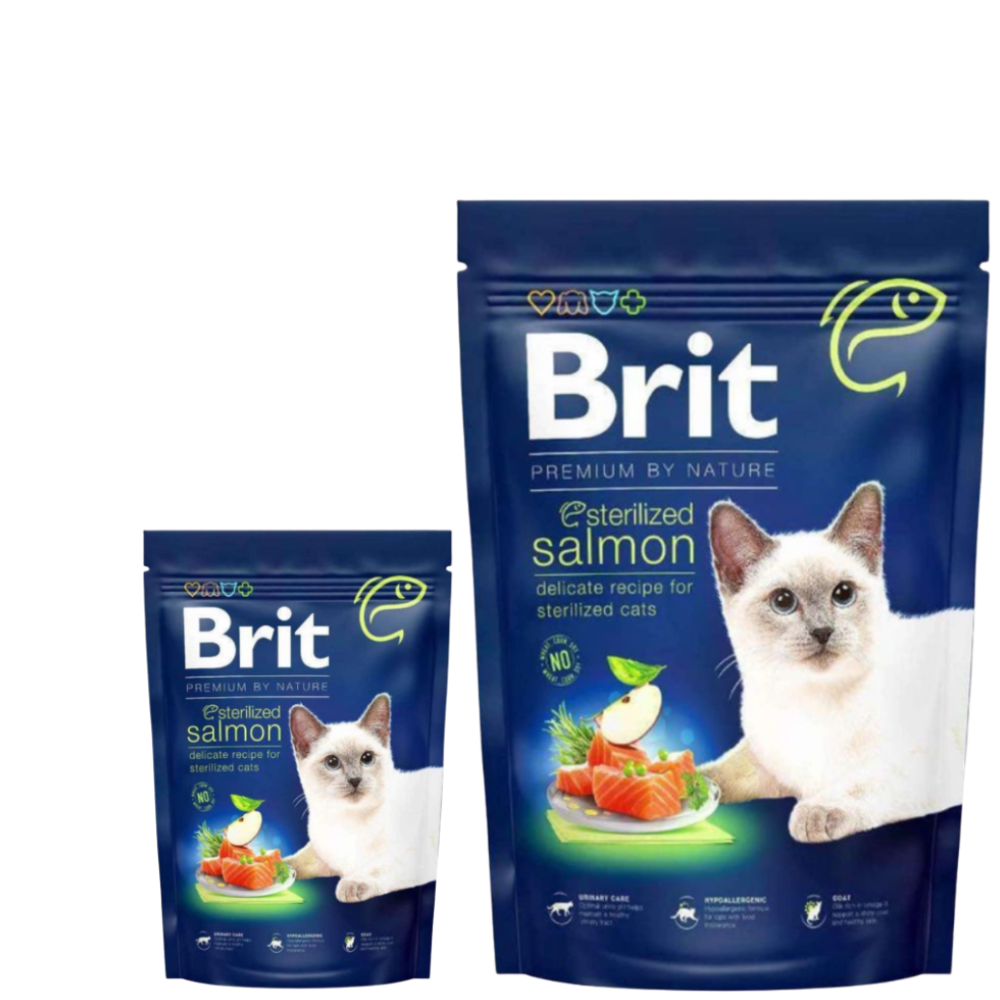 Two packages of Brit Premium by Nature cat food with salmon flavor on a white background