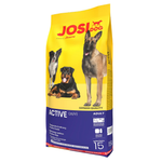 Bag of JosiDog Active dog food with images of dogs on a yellow and blue background