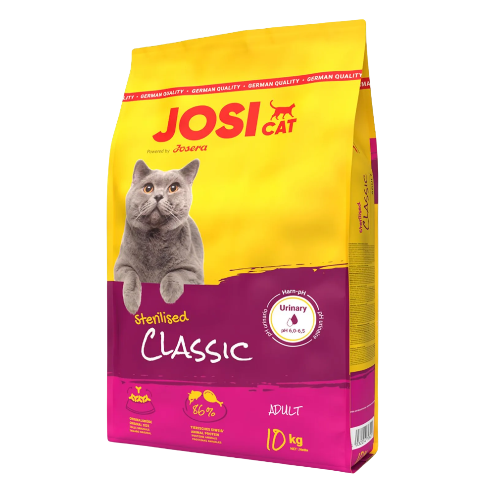 JOSI Cat food package with a gray cat on a yellow and purple background