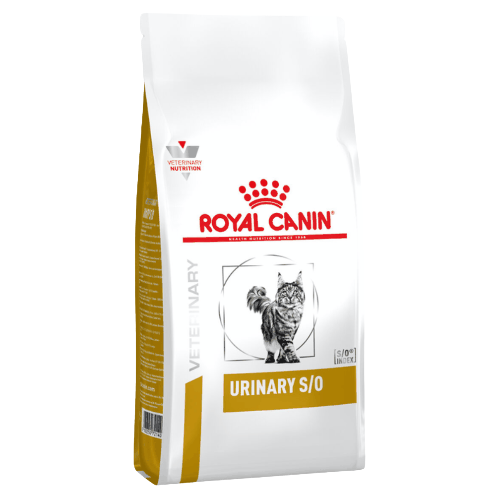 Royal Canin Veterinary Diet Urinary S/O cat food bag on a white background