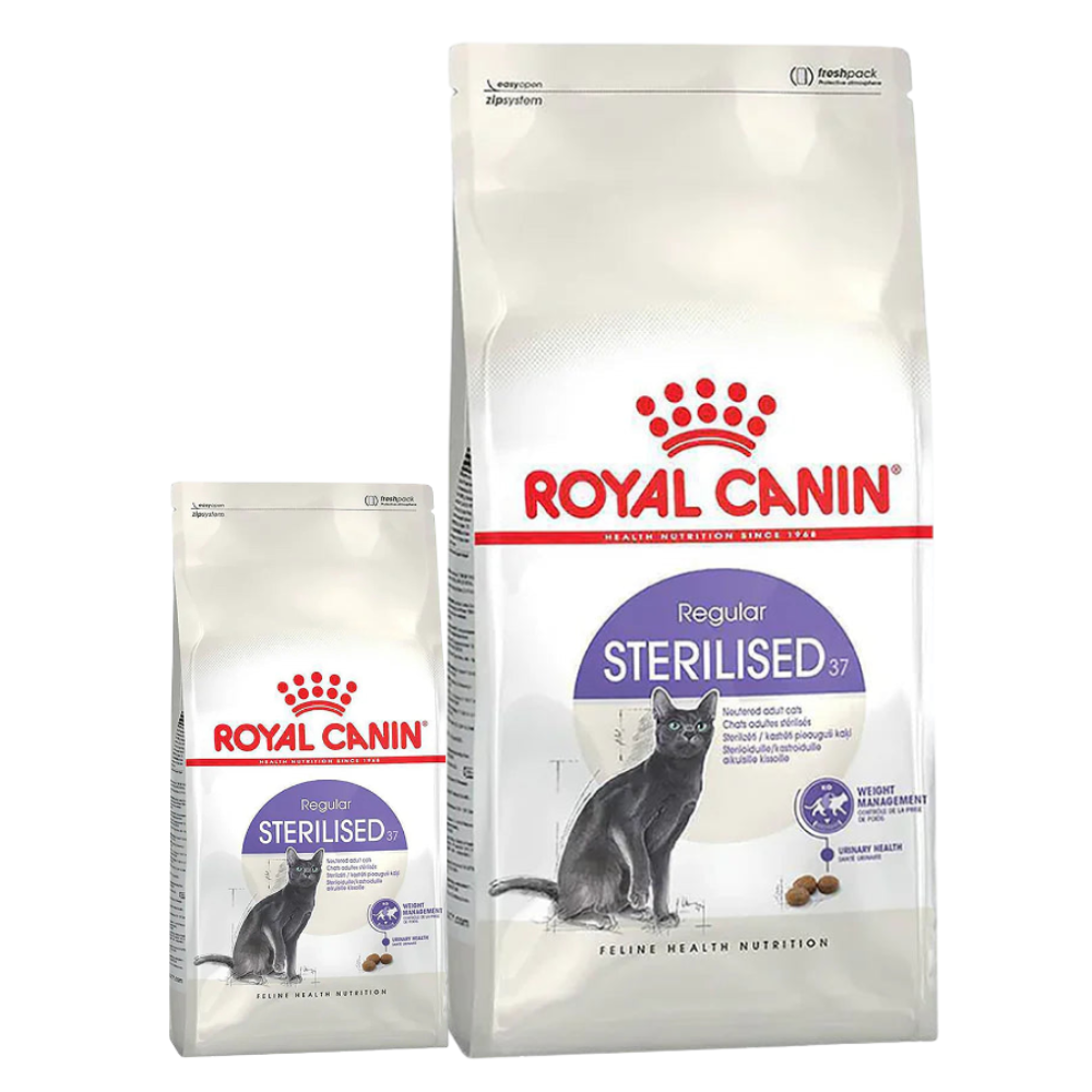 Two bags of Royal Canin Sterilised cat food on a white background