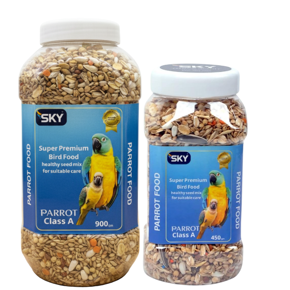 Two jars of SKY Super Premium Parrot Food on a white background