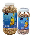 Two jars of SKY Super Premium Parrot Food on a white background