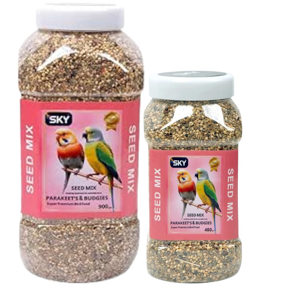 Two jars of SKY Seed Mix for parakeets and budgies on a white background