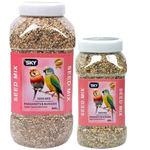 Two jars of SKY Seed Mix for parakeets and budgies on a white background