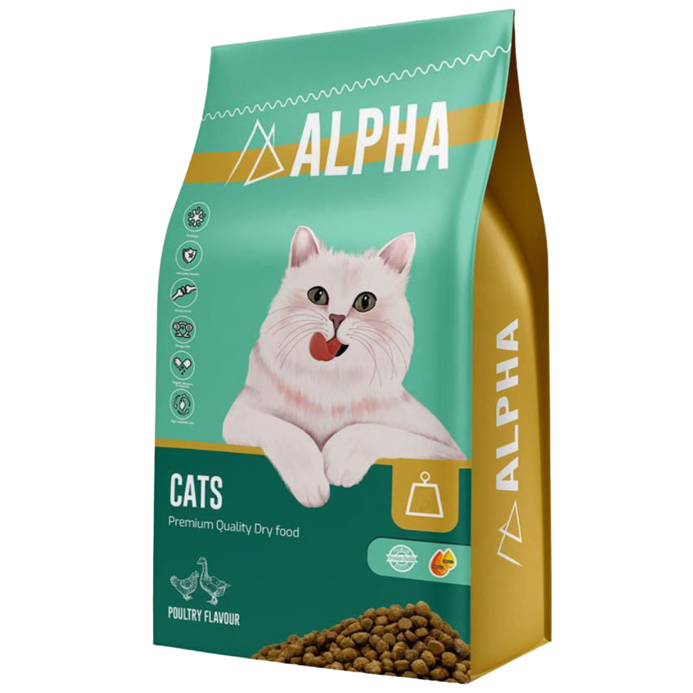 Alpha cat food package with a white cat on the label