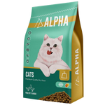 Alpha cat food package with a white cat on the label