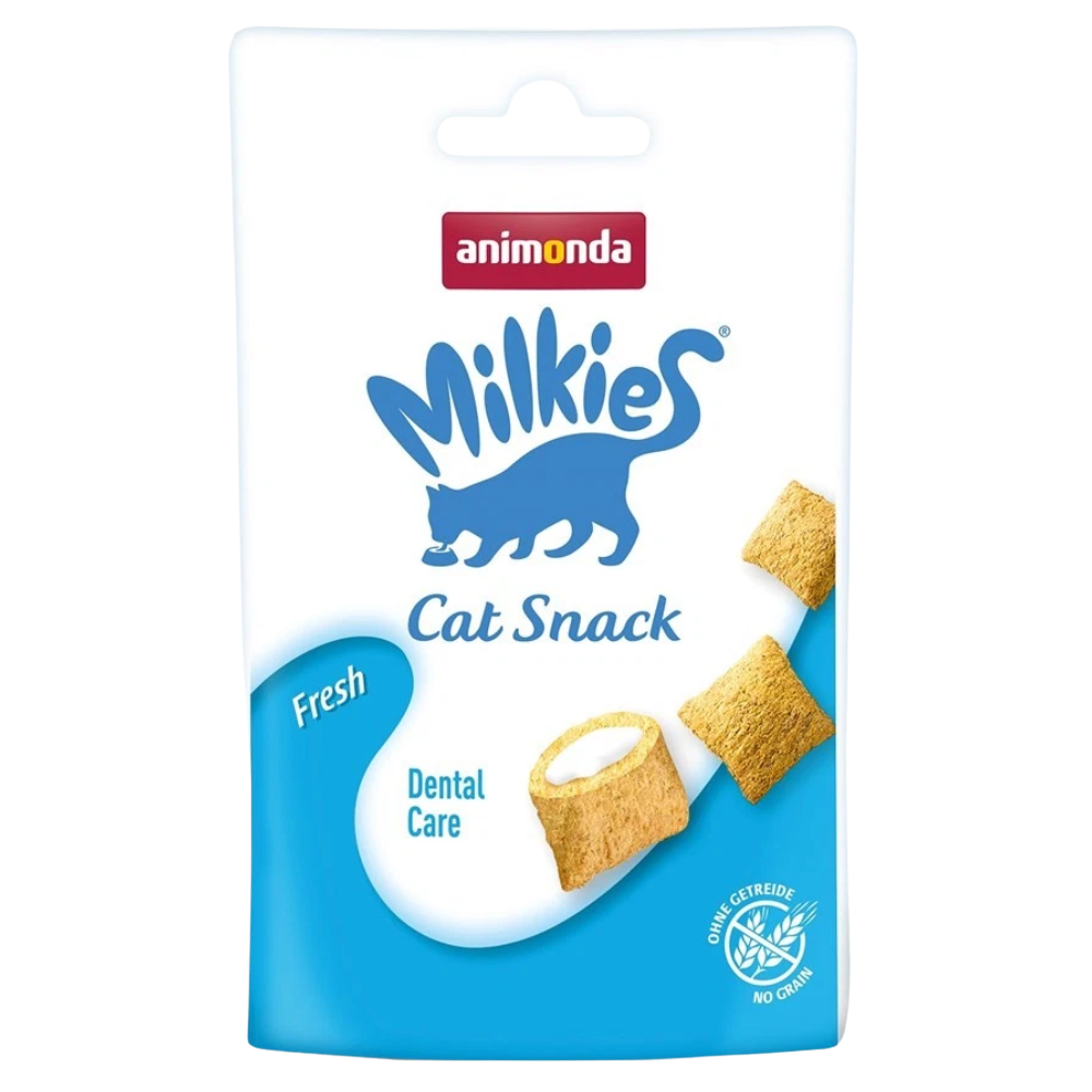 Packaging of Animonda Milkies Cat Snack for dental care on a white background