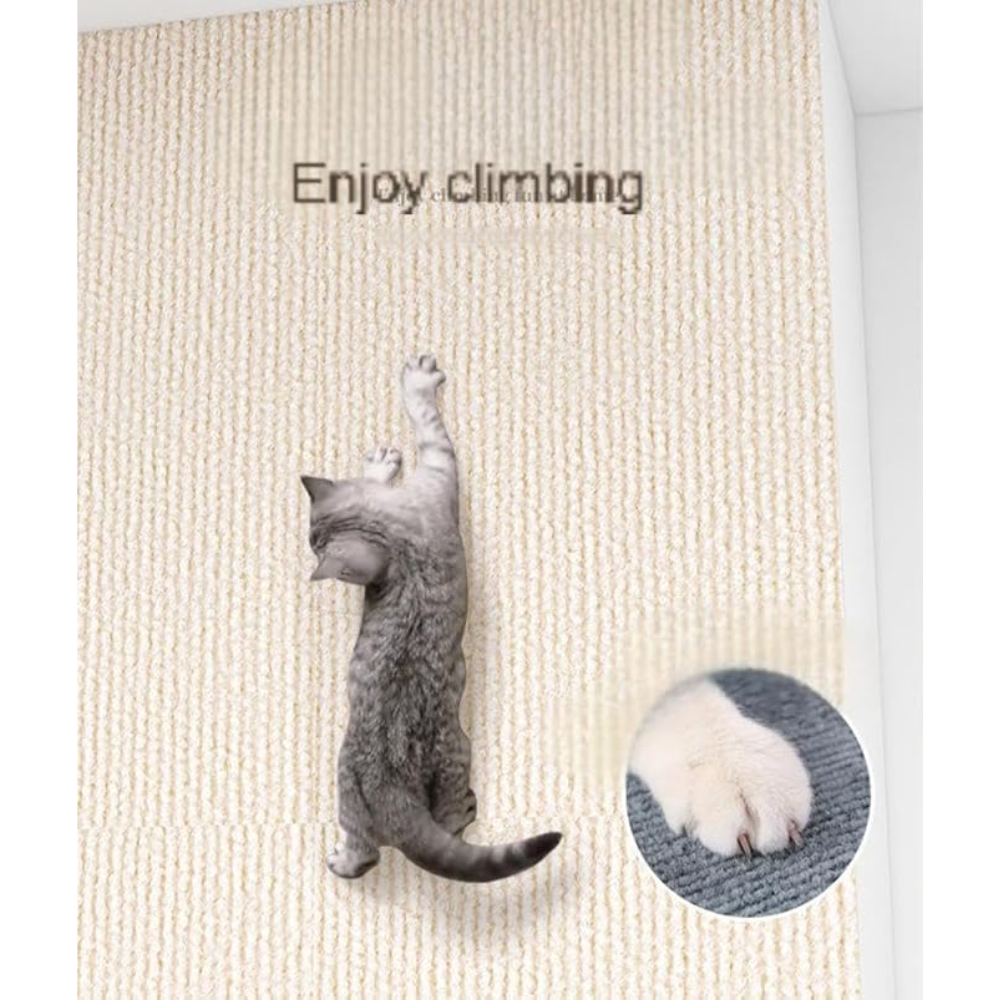 Cat climbing on a textured mat with 'Enjoy climbing' text and a close-up of a paw.