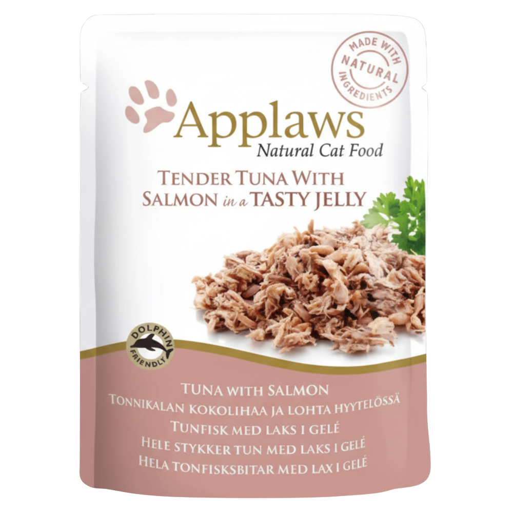 Applaws cat food pouch with tuna and salmon in jelly on a white background