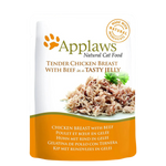 App laws cat food packaging with chicken and beef in jelly on a white background