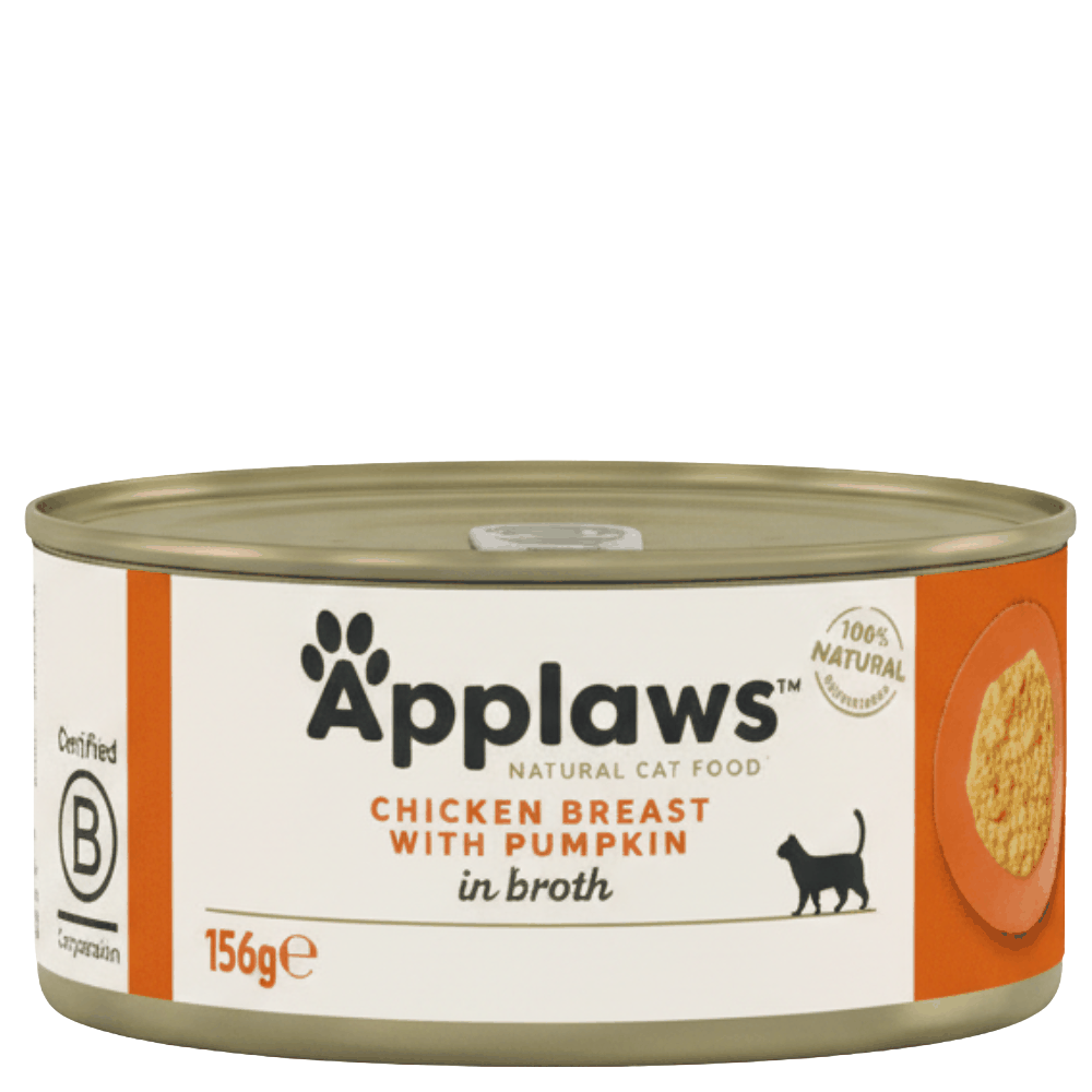 Can of Applaws chicken breast with pumpkin cat food on a white background