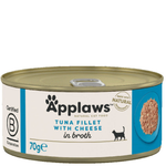 Can of Applaws tuna fillet with cheese cat food on a white background