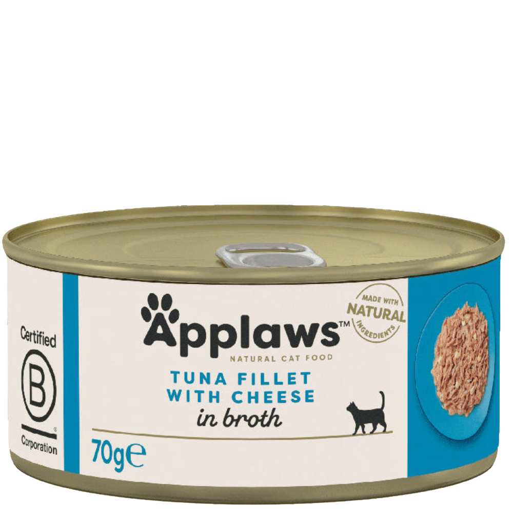 Can of Applaws tuna fillet with cheese cat food on a white background
