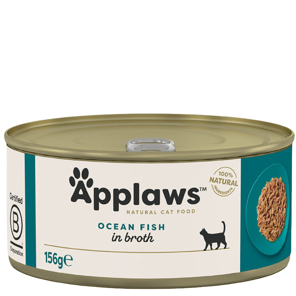 Can of Applaws ocean fish in broth cat food on a white background