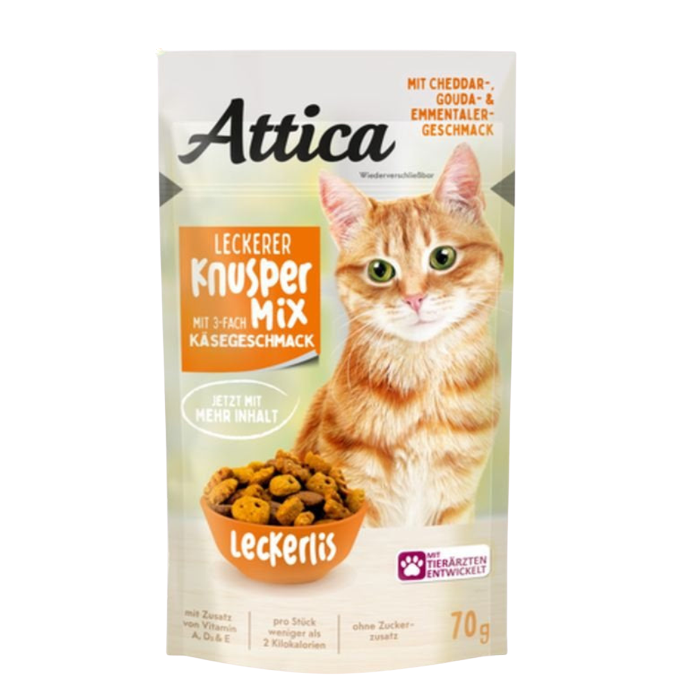 Attica cat food package with a cat on the front, featuring Leckerli brand.