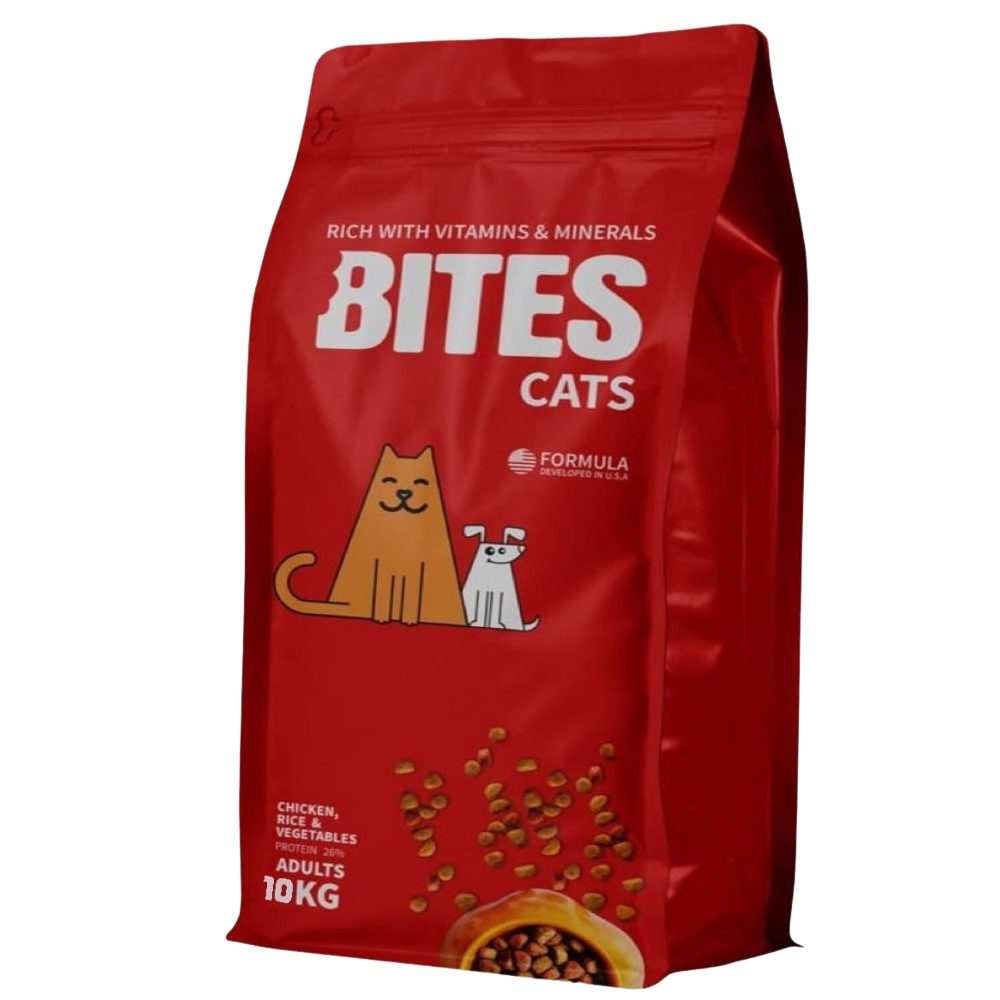 Bites Pawer Pets Adults Cats Dry Food, Chicken, Rice, And Vegetables - 10 Kg
