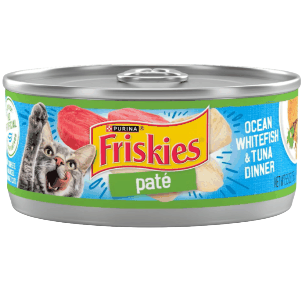 Can of Friskies Ocean Whitefish & Tuna Dinner Pate on a white background