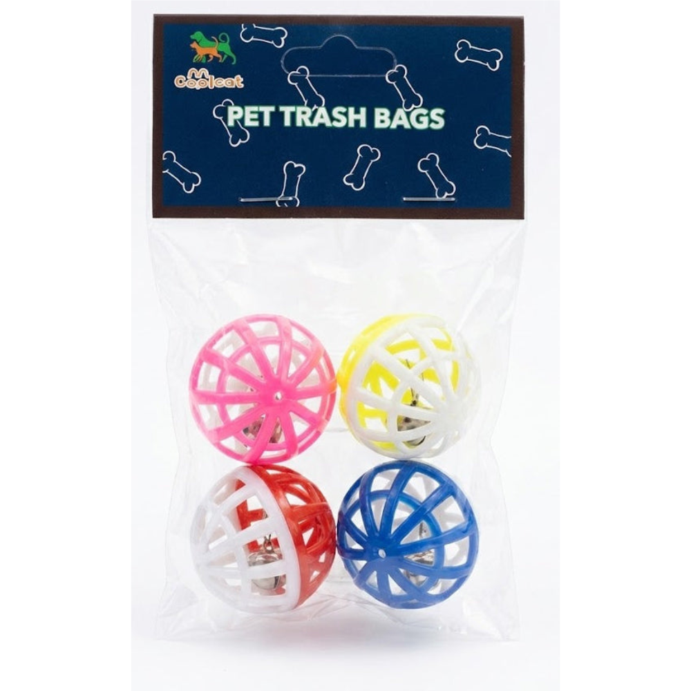 Four colorful plastic balls with a package labeled 'Pet Trash Bags' on a white background.