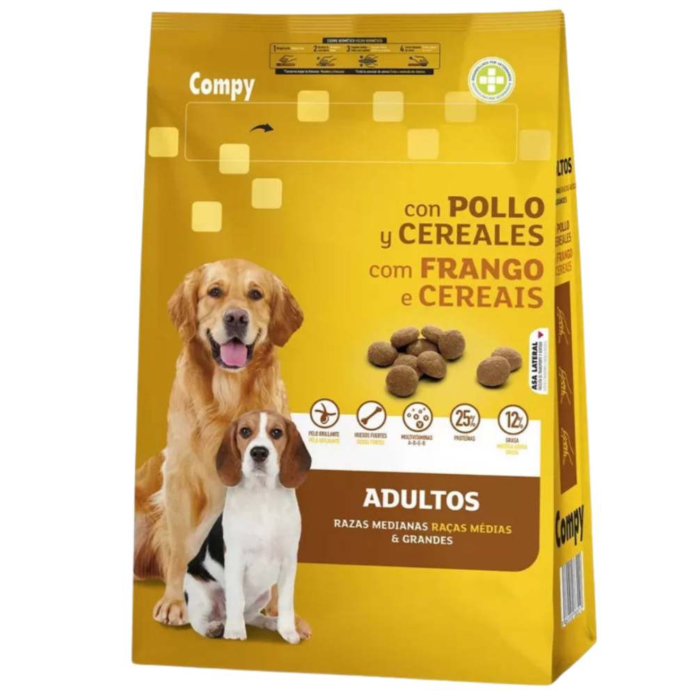Dog food package with two dogs on a yellow background