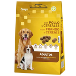 Dog food package with two dogs on a yellow background