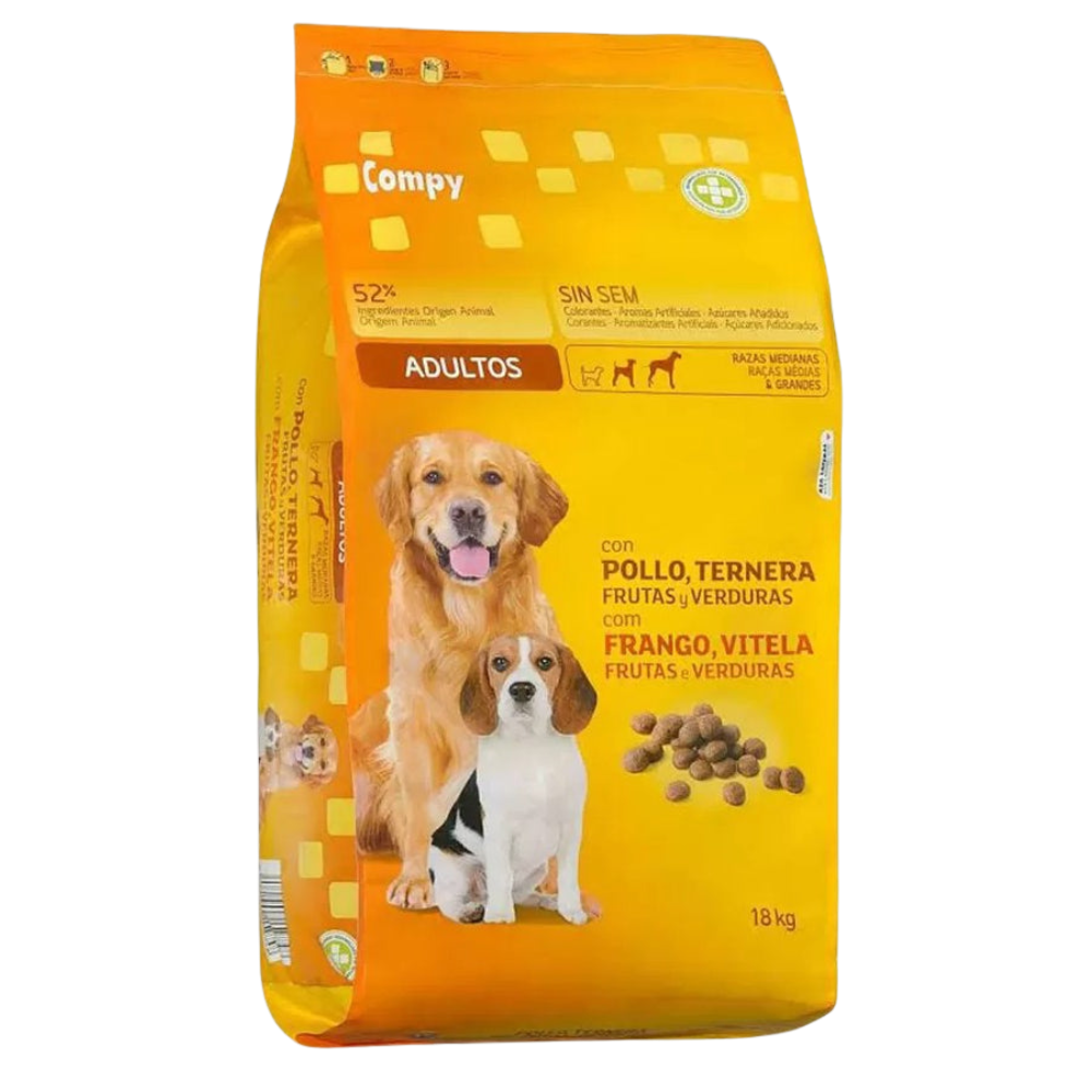 Dog food package with two dogs on a yellow background