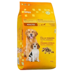 Dog food package with two dogs on a yellow background