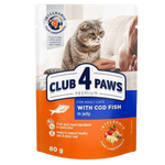 Cat food package with 'Club 4 Paws' branding and a cat on the label.