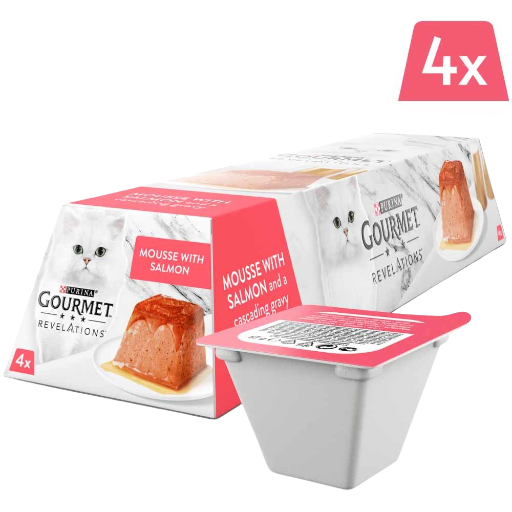 Packaging of Purina Gourmet Revelations cat food with a single portion on a white background