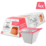 Packaging of Purina Gourmet Revelations cat food with a single portion on a white background