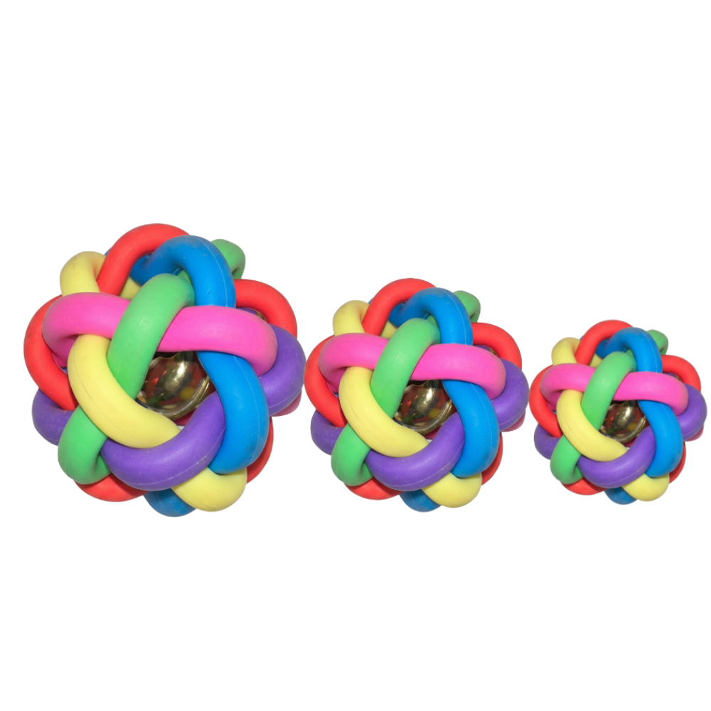 Colorful knotted rubber ball on a white background